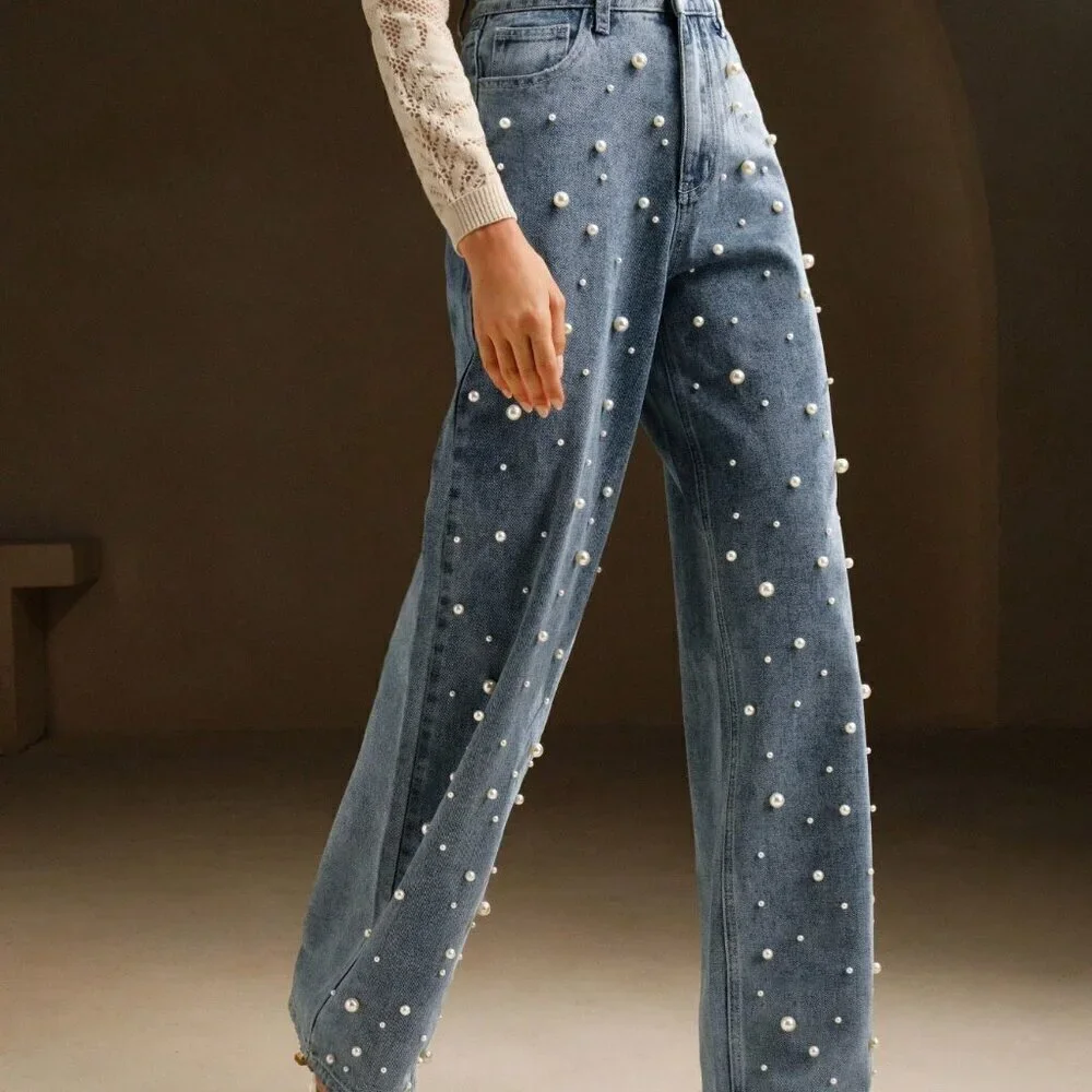 Blue Casual Women's High Waist Pearl Embellished Straight Loose Wide Leg Jeans